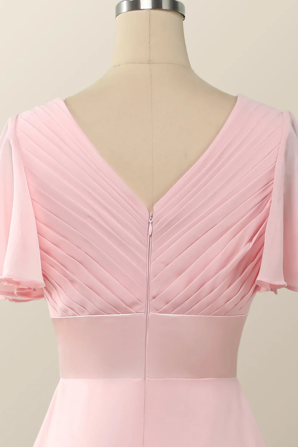 Pleated Pink Flare Sleeves Chiffon Long Bridesmaid Dress - Image 5