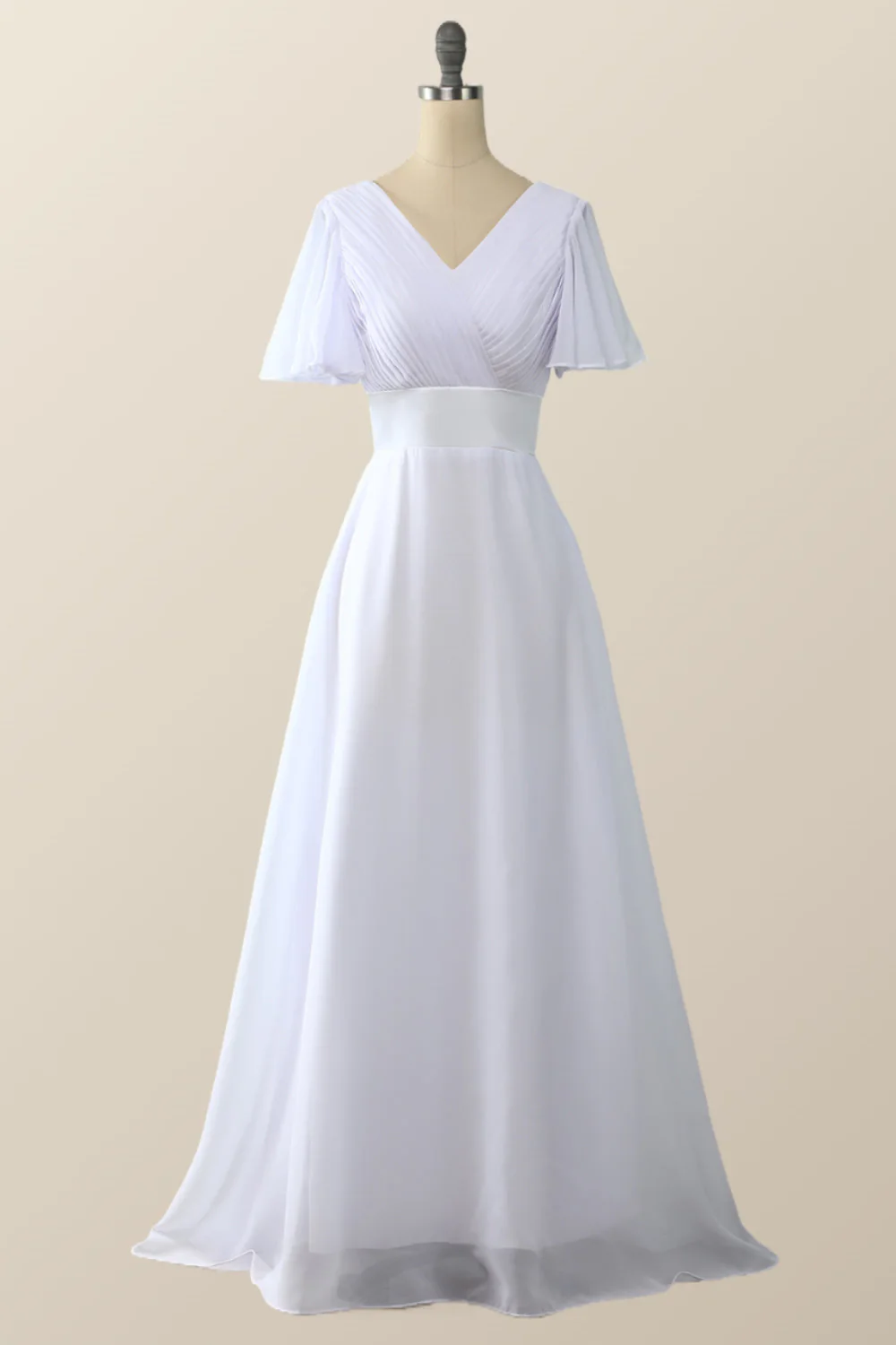 Pleated Pink Flare Sleeves Chiffon Long Bridesmaid Dress - Image 6