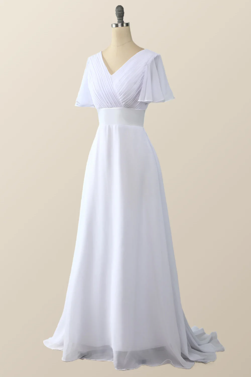 Pleated Pink Flare Sleeves Chiffon Long Bridesmaid Dress - Image 7