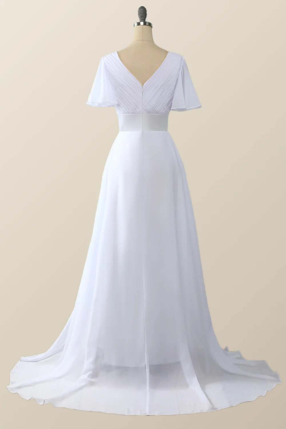 Pleated Pink Flare Sleeves Chiffon Long Bridesmaid Dress - Image 8