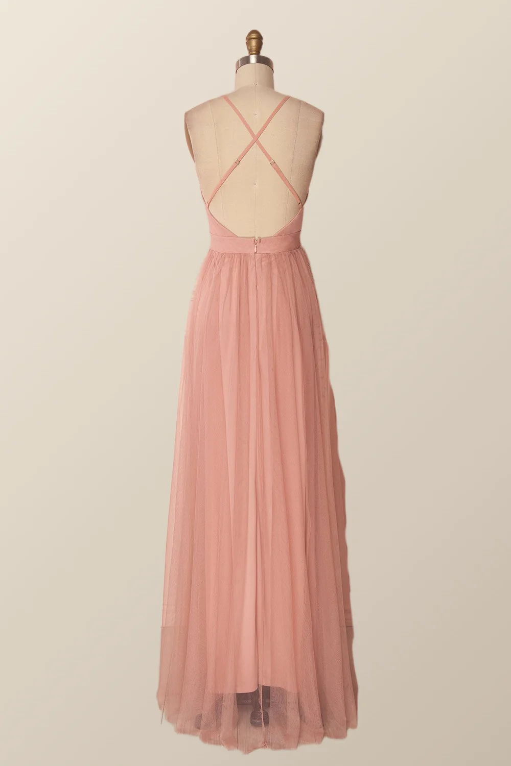 Plunge Pink Tulle A-line Long Formal Dresss - Image 3