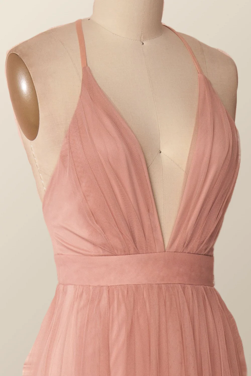 Plunge Pink Tulle A-line Long Formal Dresss - Image 4