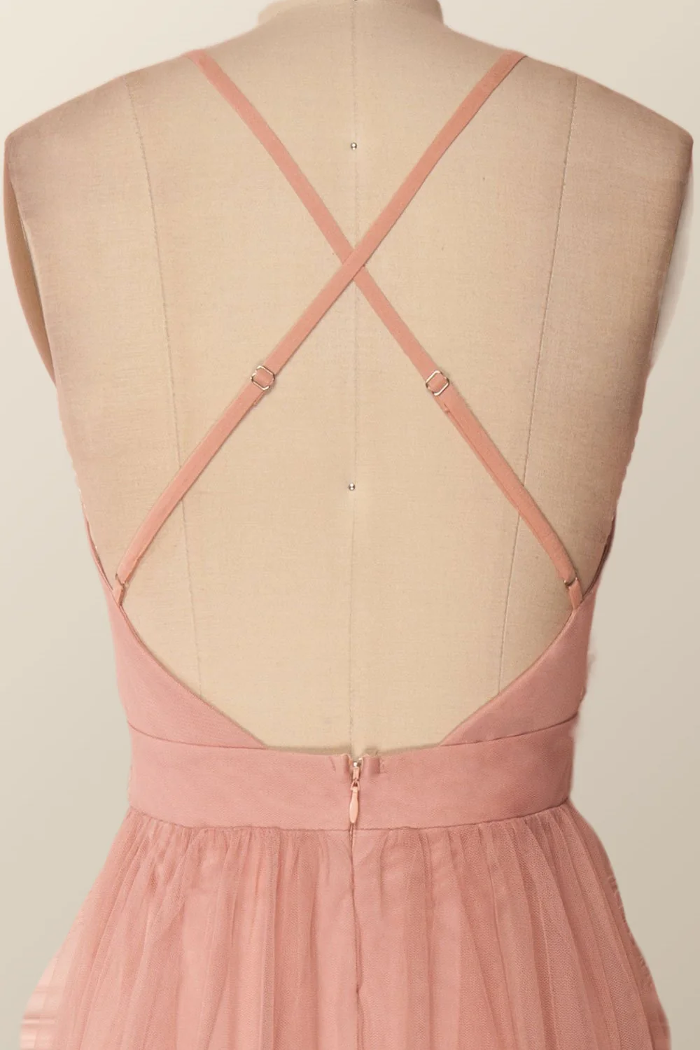 Plunge Pink Tulle A-line Long Formal Dresss - Image 5