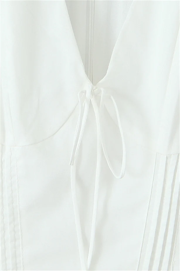 Plunge V-neck White Ruched Short Summer Dress - Image 5