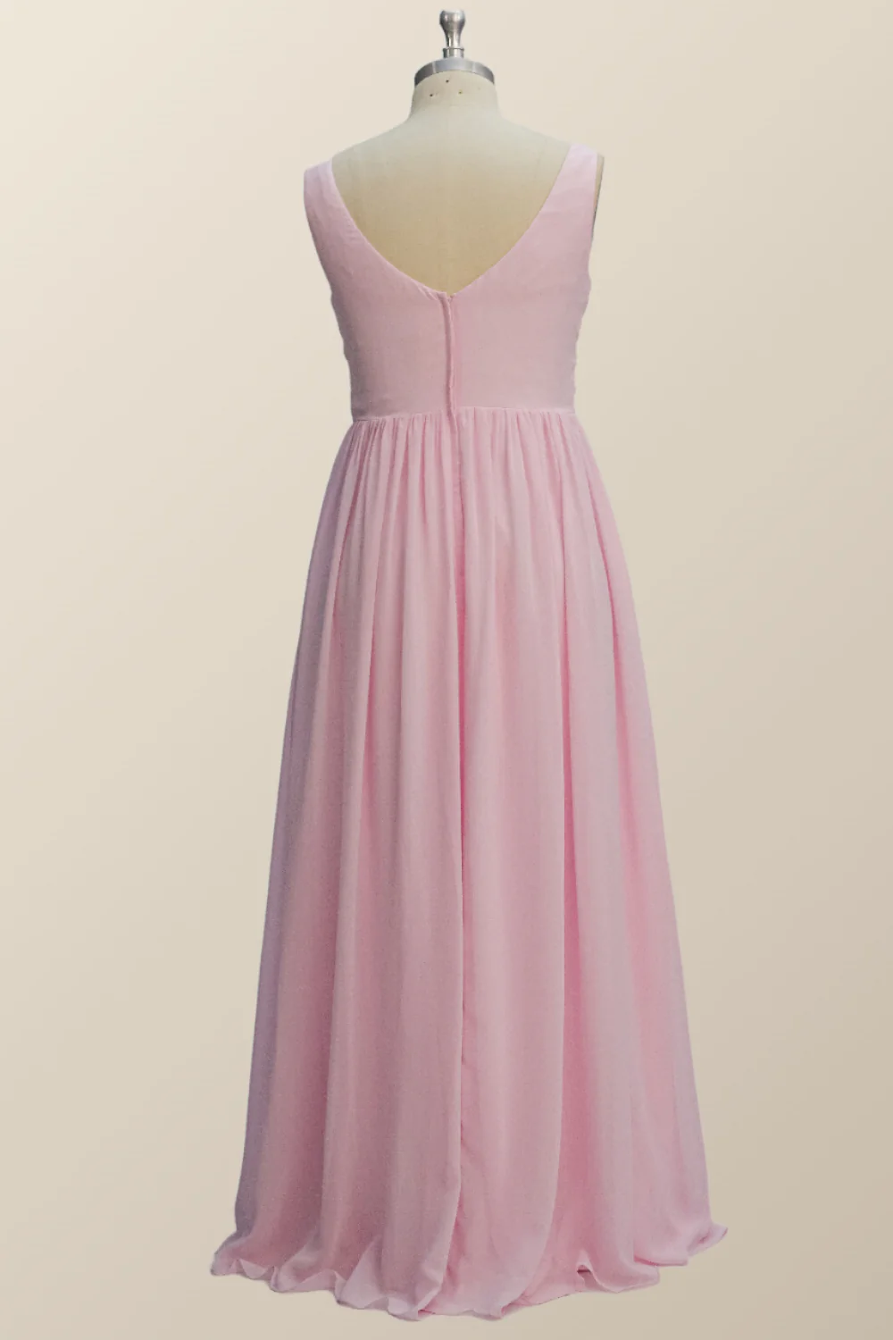 Princess Pink Pleated V Neck Long Bridesmaid Dress - Image 3