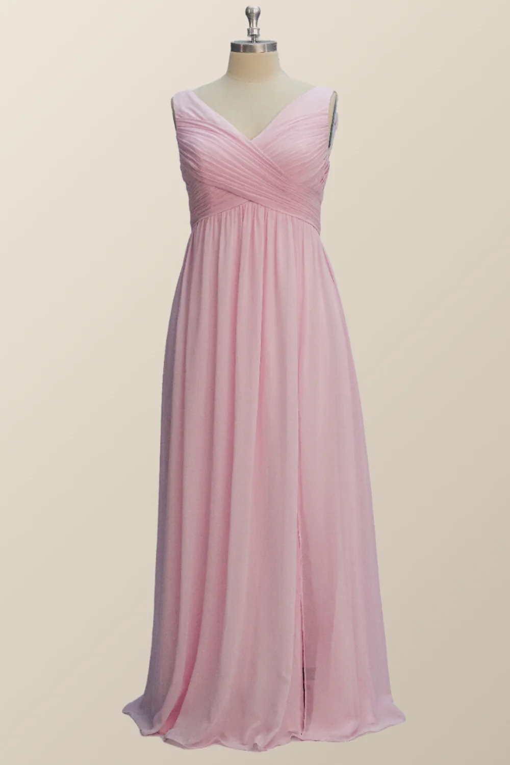 Princess Pink Pleated V Neck Long Bridesmaid Dress - Image 4