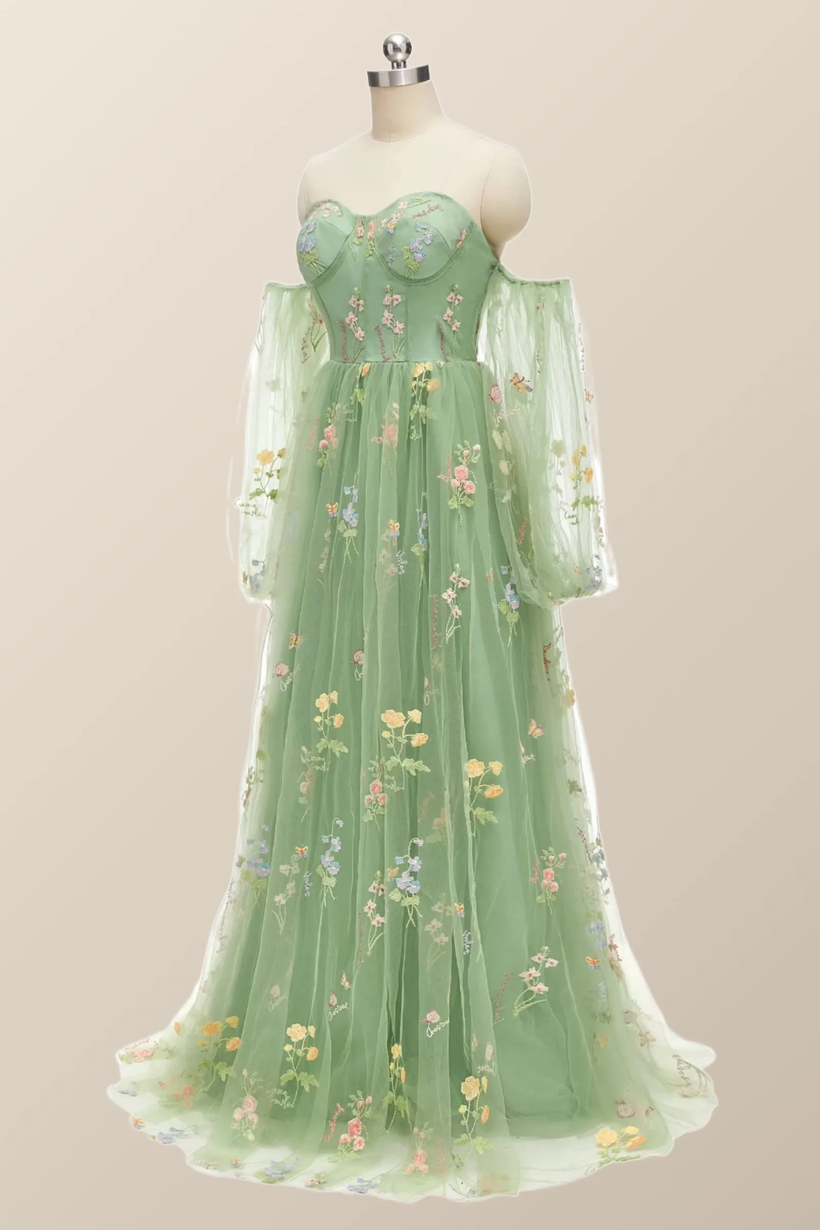 Puff Long Sleeves Green Floral Corset Long Formal Dress - Image 3