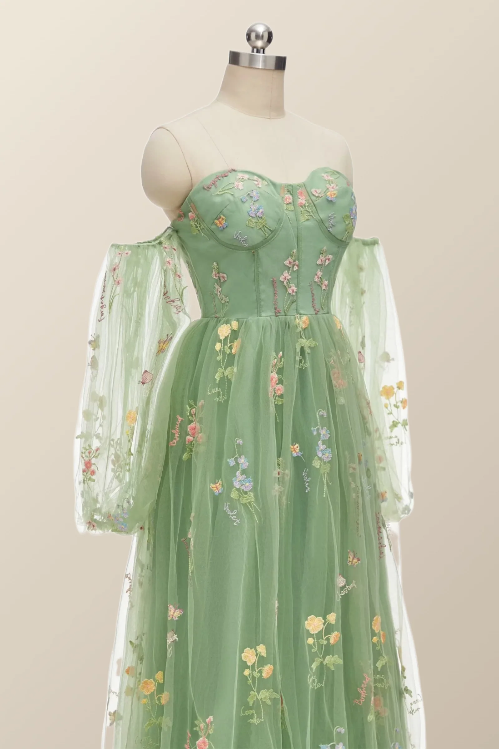 Puff Long Sleeves Green Floral Corset Long Formal Dress - Image 4