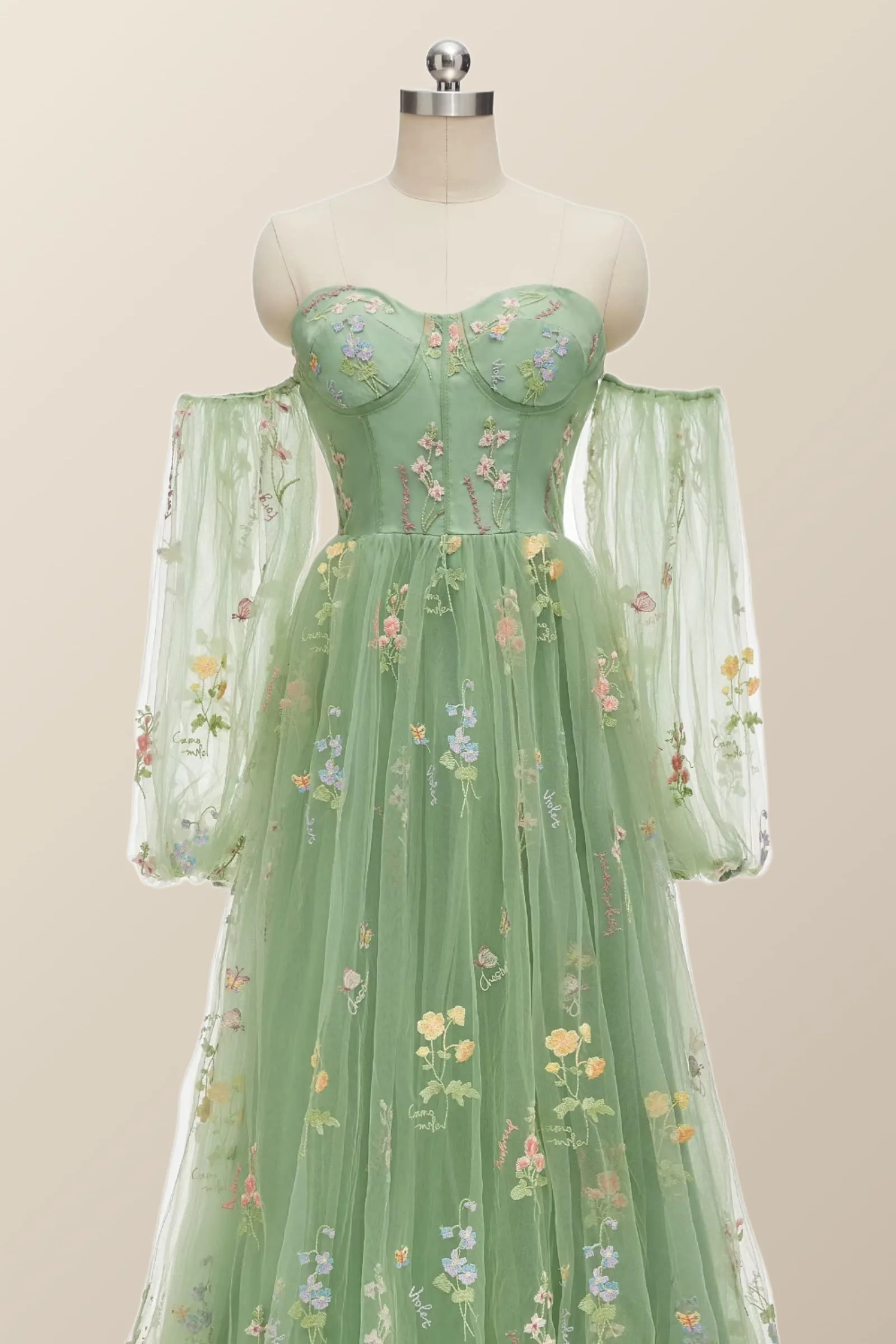 Puff Long Sleeves Green Floral Corset Long Formal Dress - Image 5