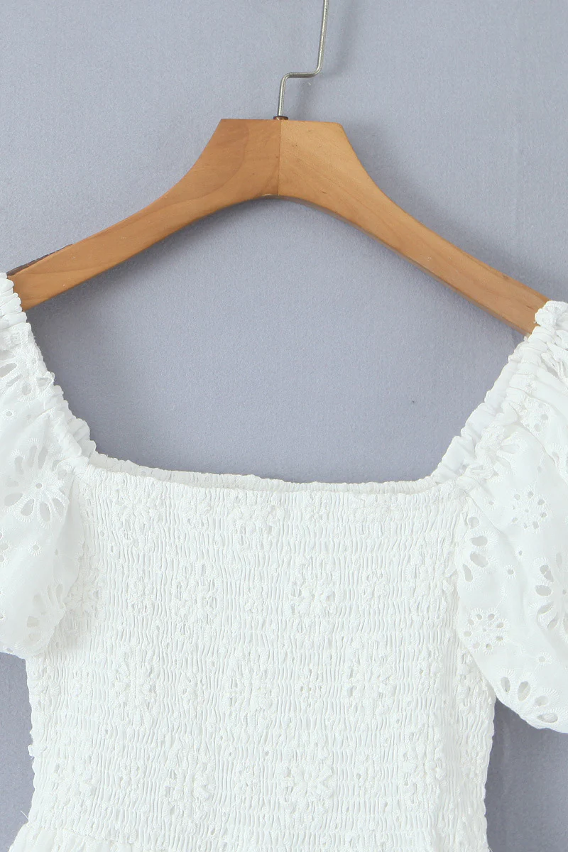 Puff Sleeves White Embroidery Cotton Short Dress - Image 3
