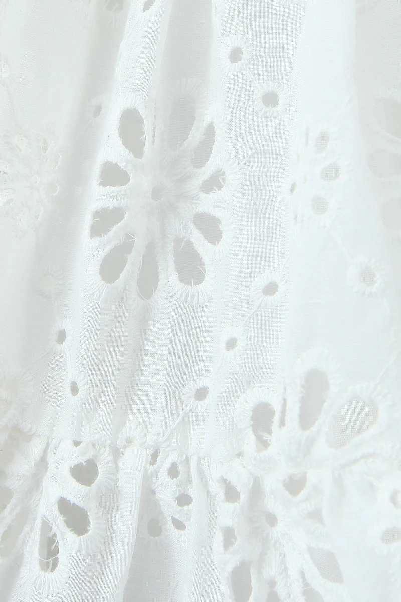 Puff Sleeves White Embroidery Cotton Short Dress - Image 4