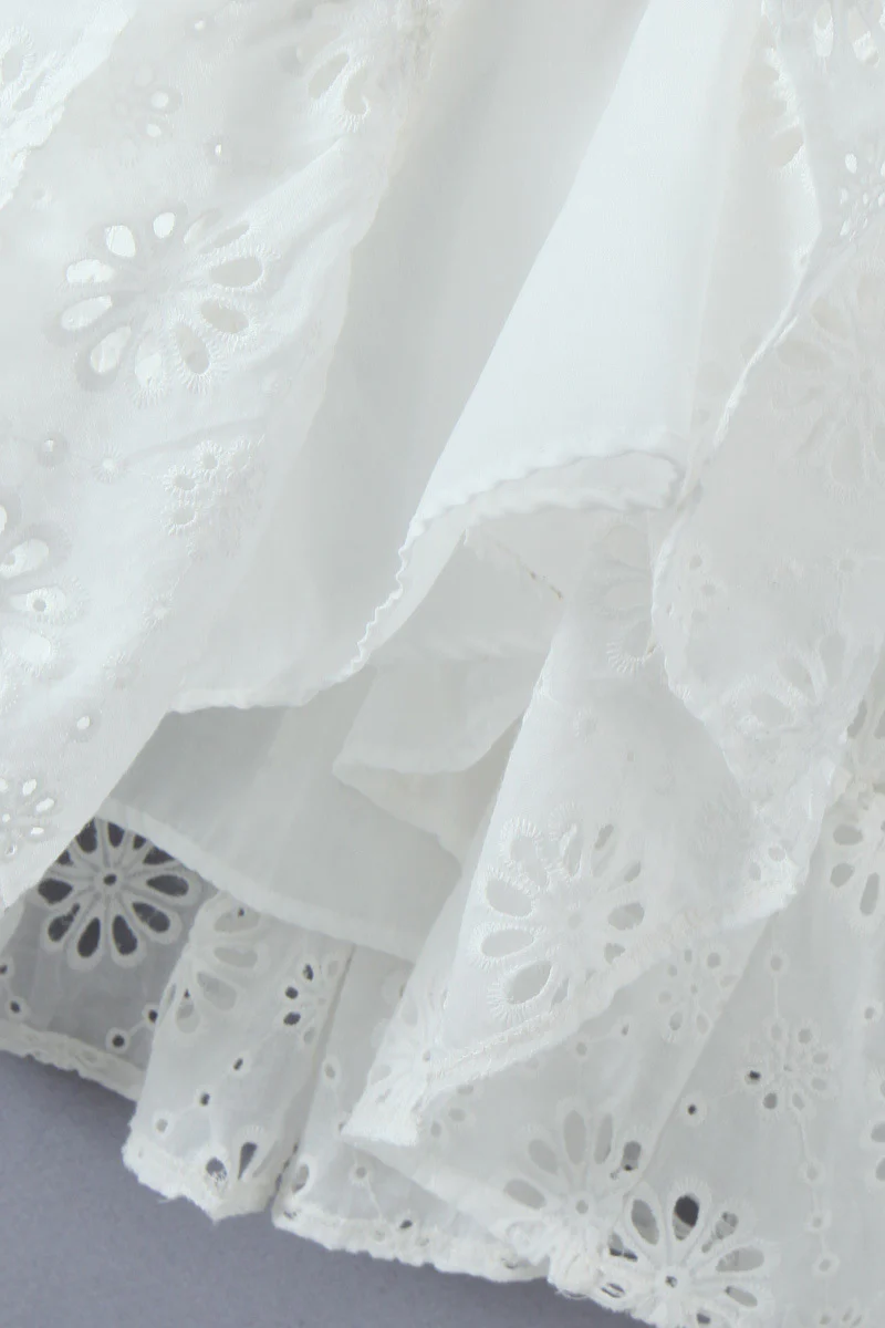 Puff Sleeves White Embroidery Cotton Short Dress - Image 5