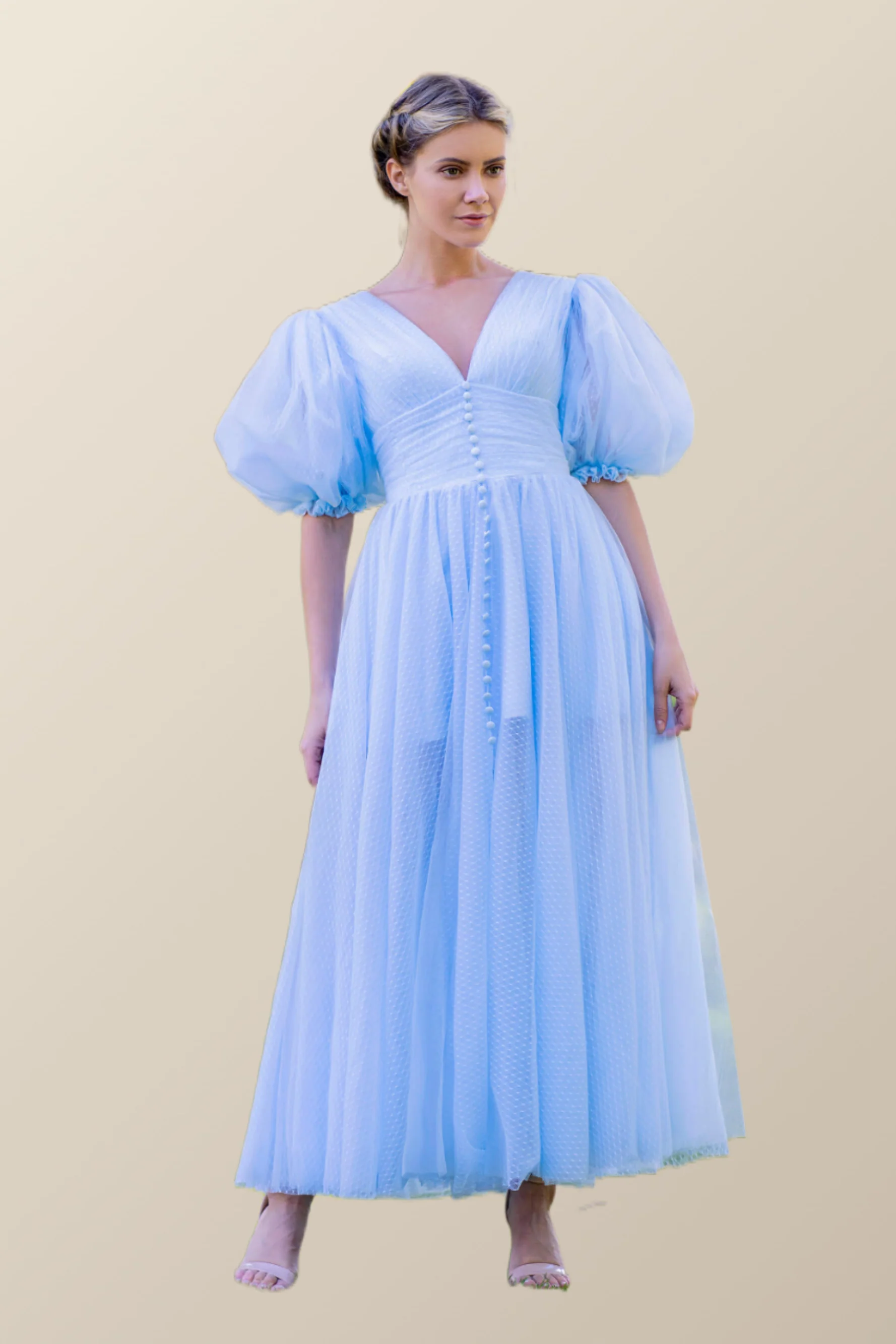Puffy Sleeves Blue Empire Tea Length Dress - Image 4
