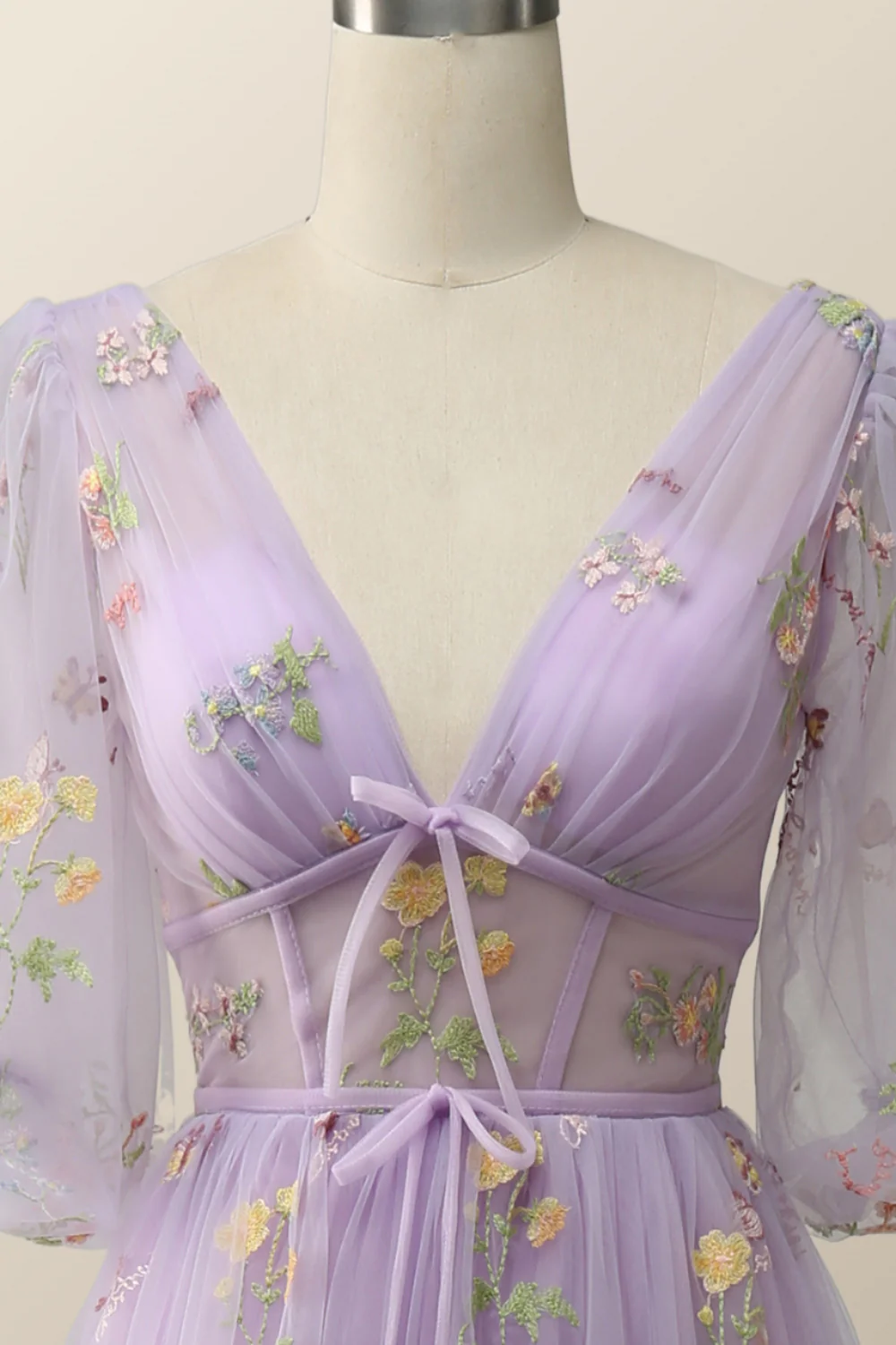 Puffy Sleeves Lavender Tulle Floral Embroidery Formal Dress - Image 4