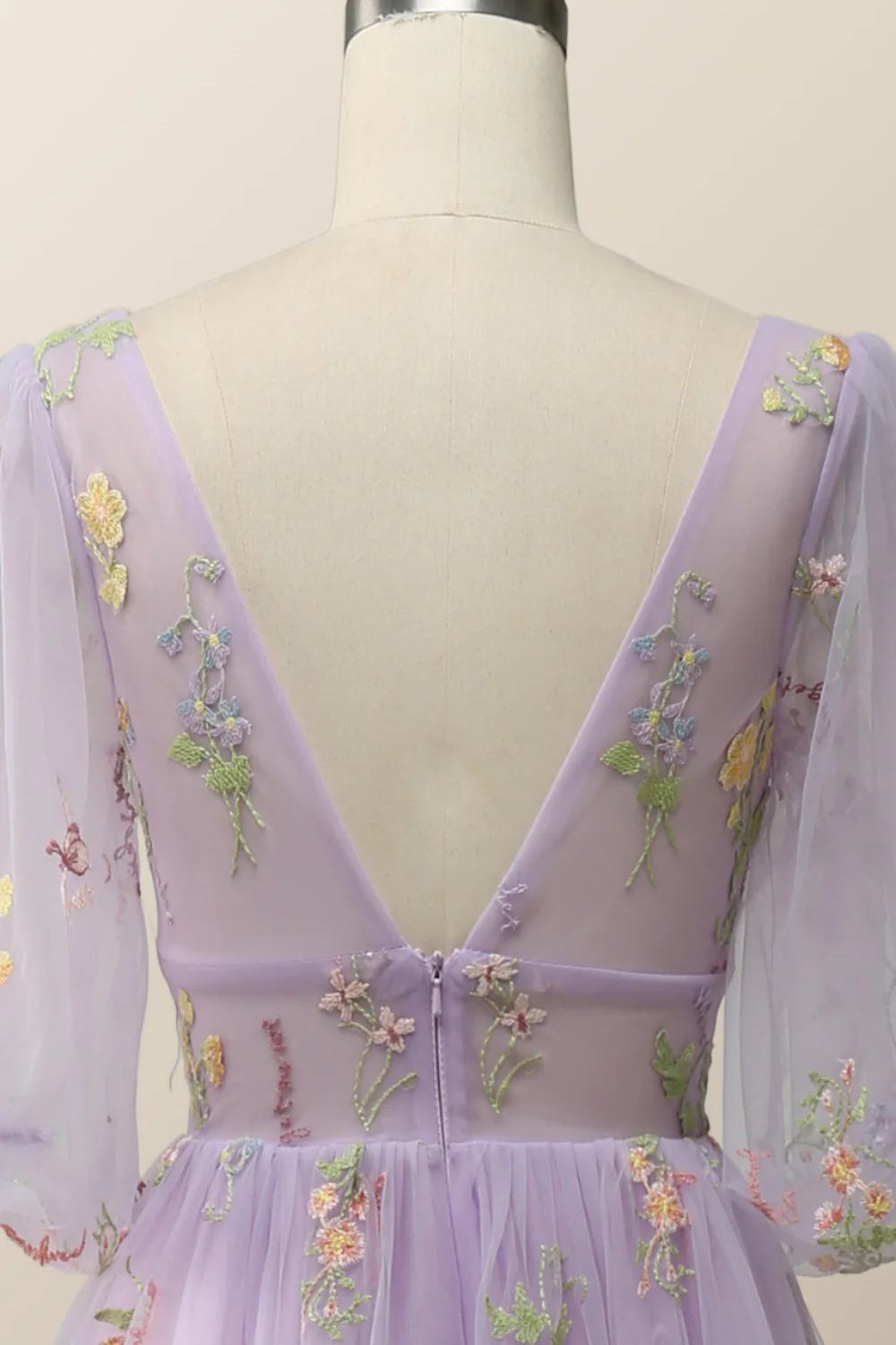Puffy Sleeves Lavender Tulle Floral Embroidery Formal Dress - Image 5