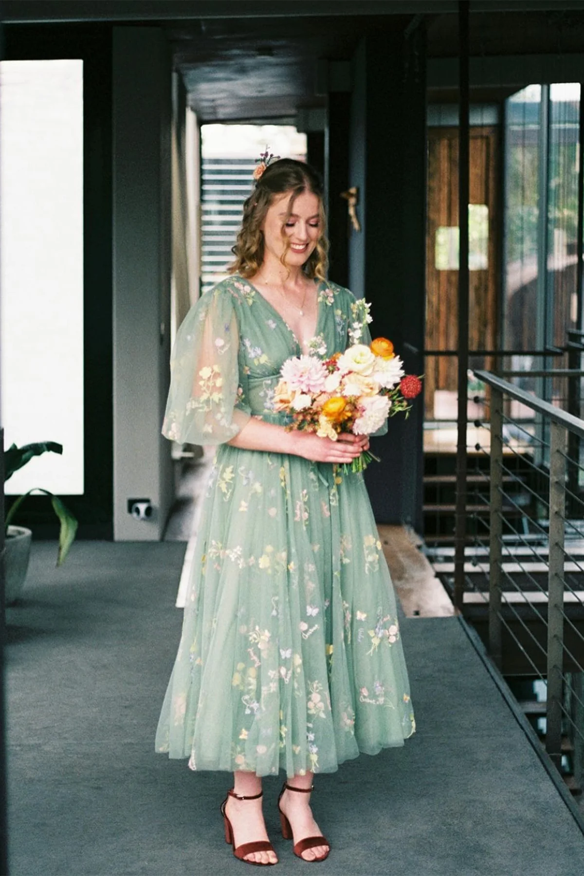 Puffy Sleeves Lavender Tulle Floral Embroidery Formal Dress - Image 7