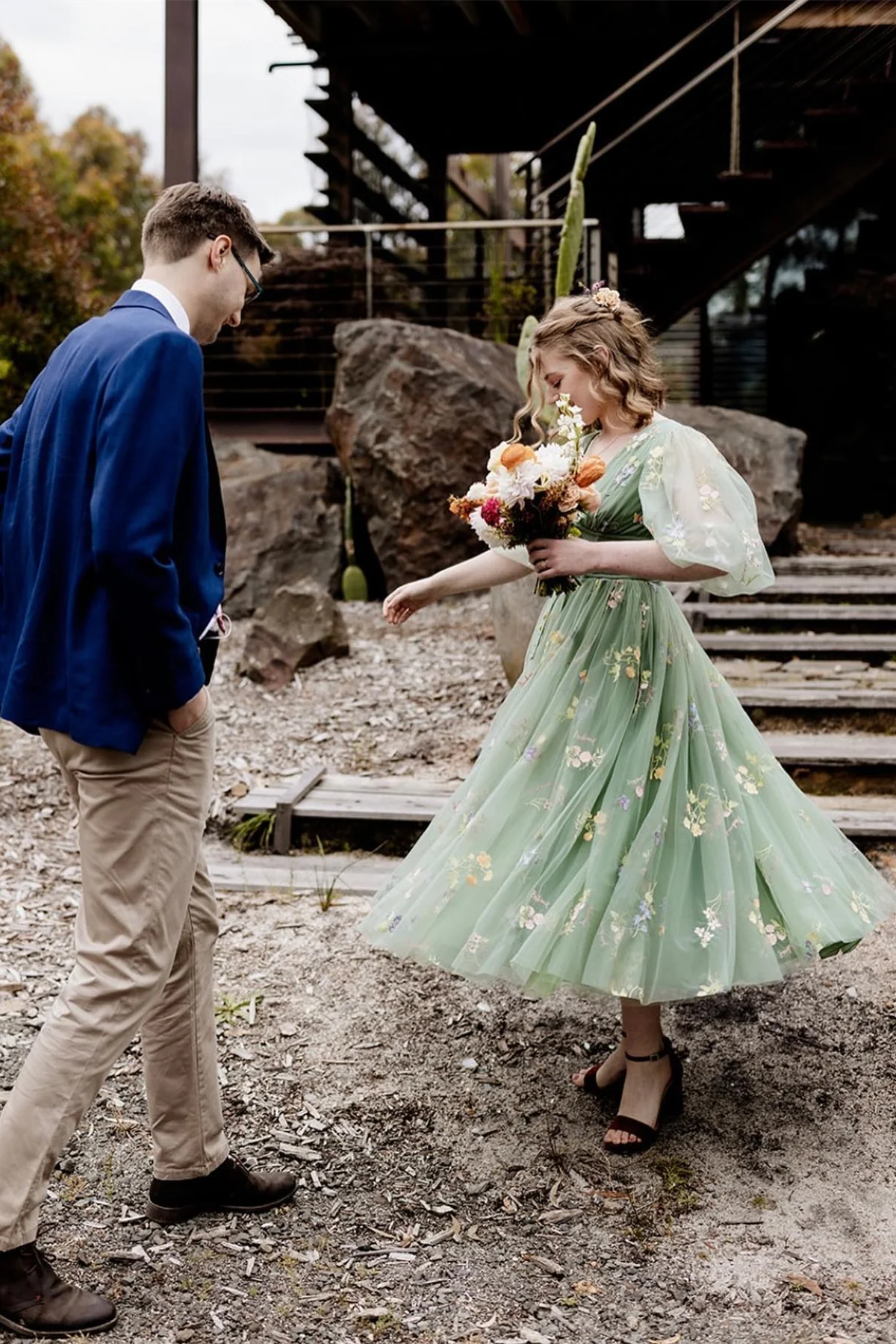 Puffy Sleeves Lavender Tulle Floral Embroidery Formal Dress - Image 9