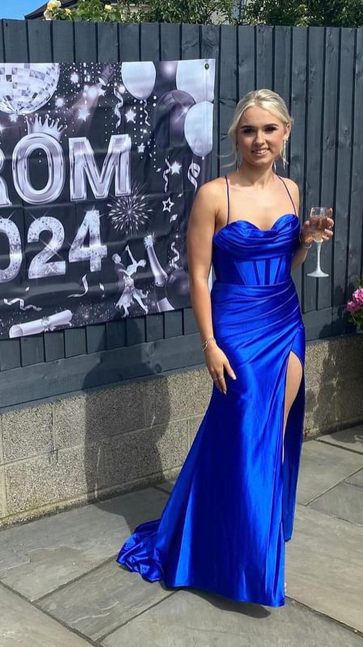 Royal Blue Mermaid Straps Long Dress with Slit - Image 4