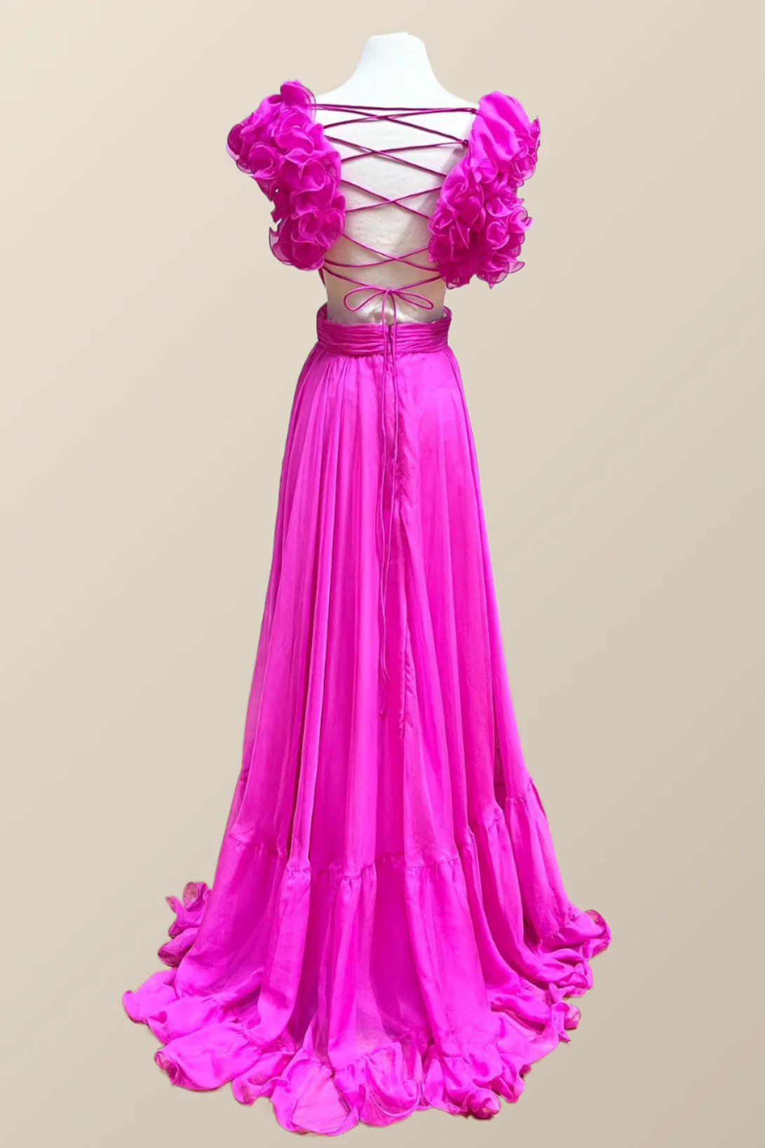 Ruffle Straps Fuchsia Pleated A-line Boho Dress - Image 3