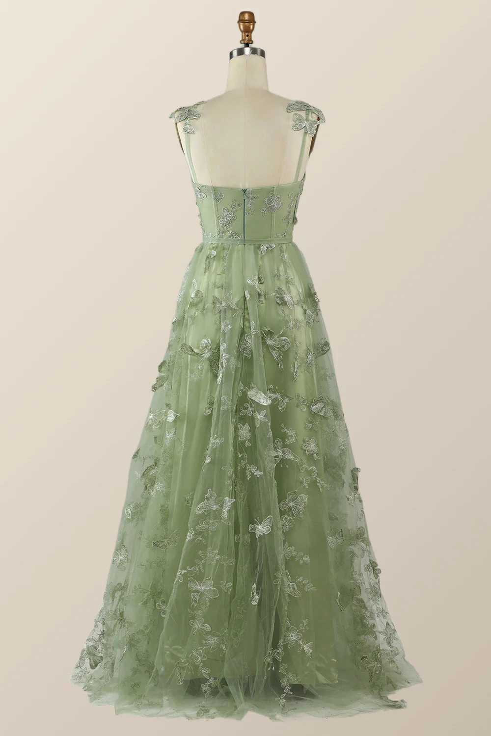 Sage Green Butterfly A-line Long Formal Dress - Image 3