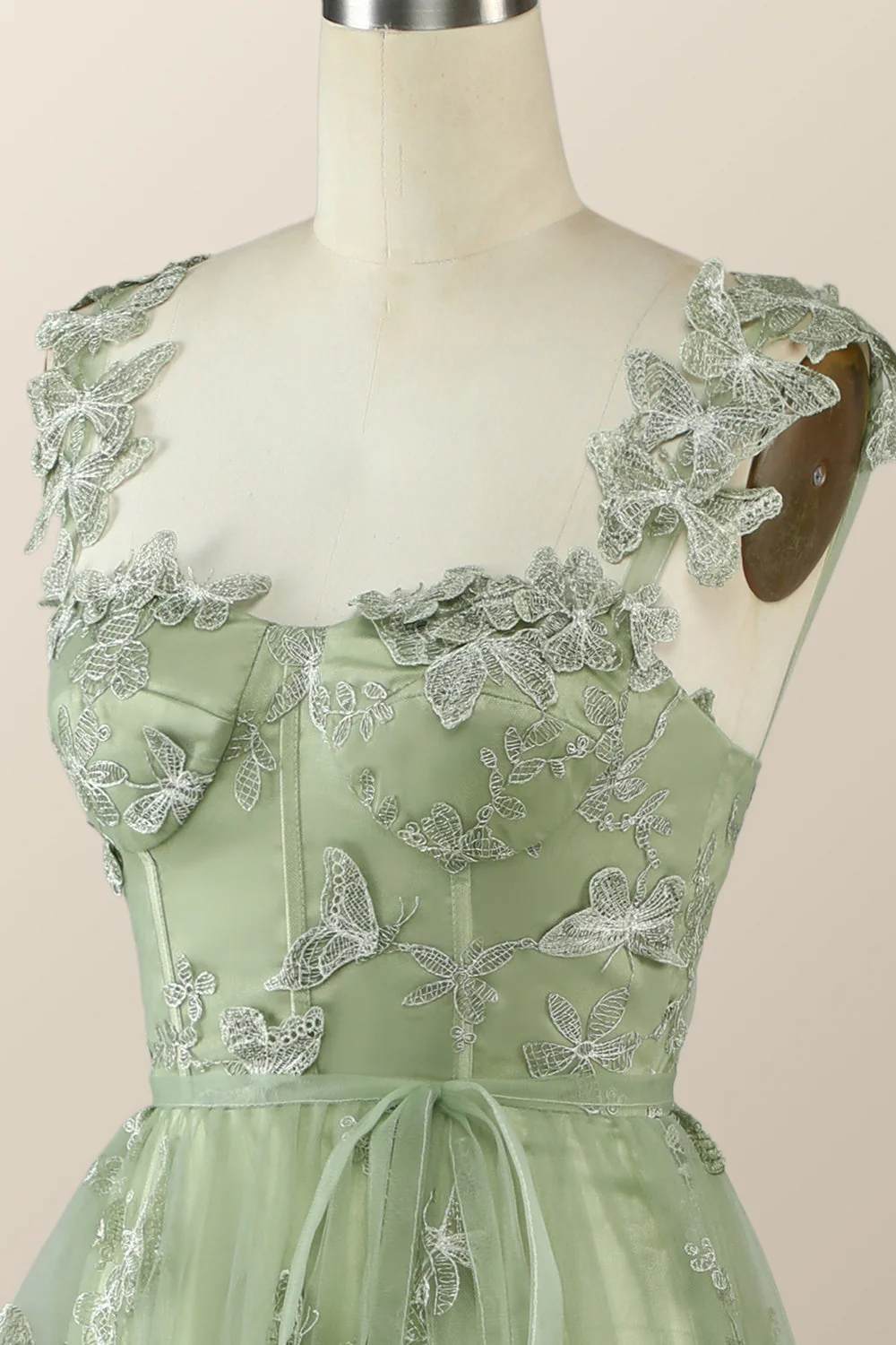 Sage Green Butterfly A-line Long Formal Dress - Image 5