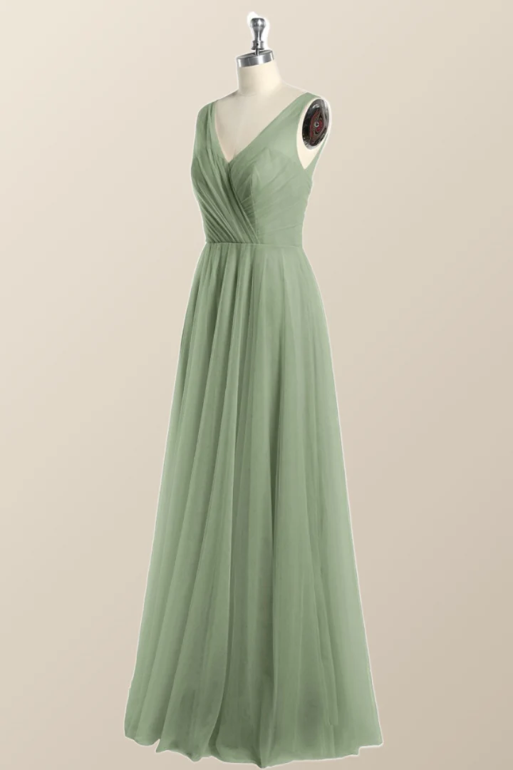 Sage Green V Neck A-line Long Bridesmaid Dress - Image 3