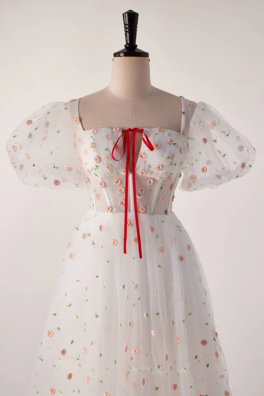 Short Sleeves White Floral Long Formal Gown - Image 3