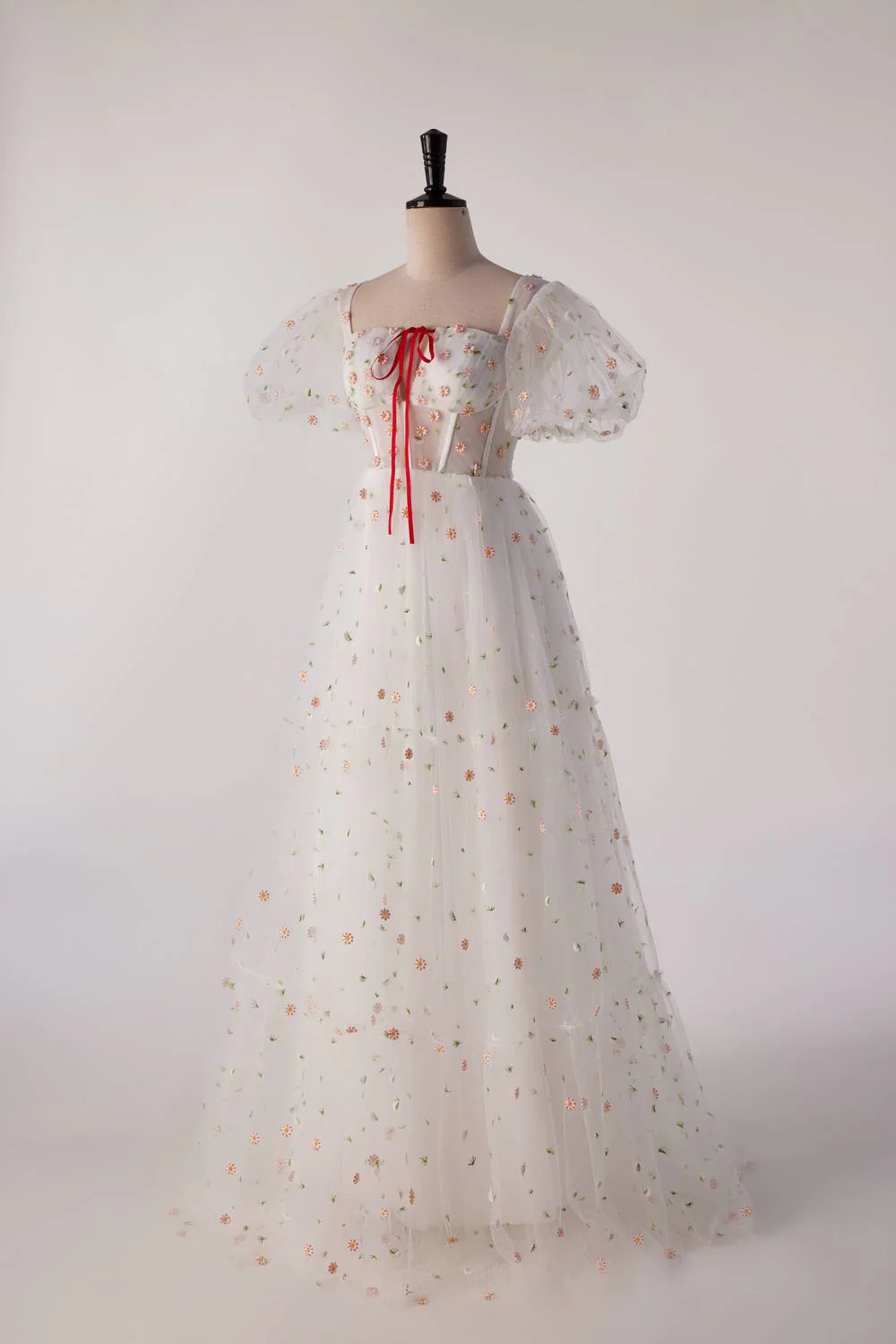 Short Sleeves White Floral Long Formal Gown - Image 4