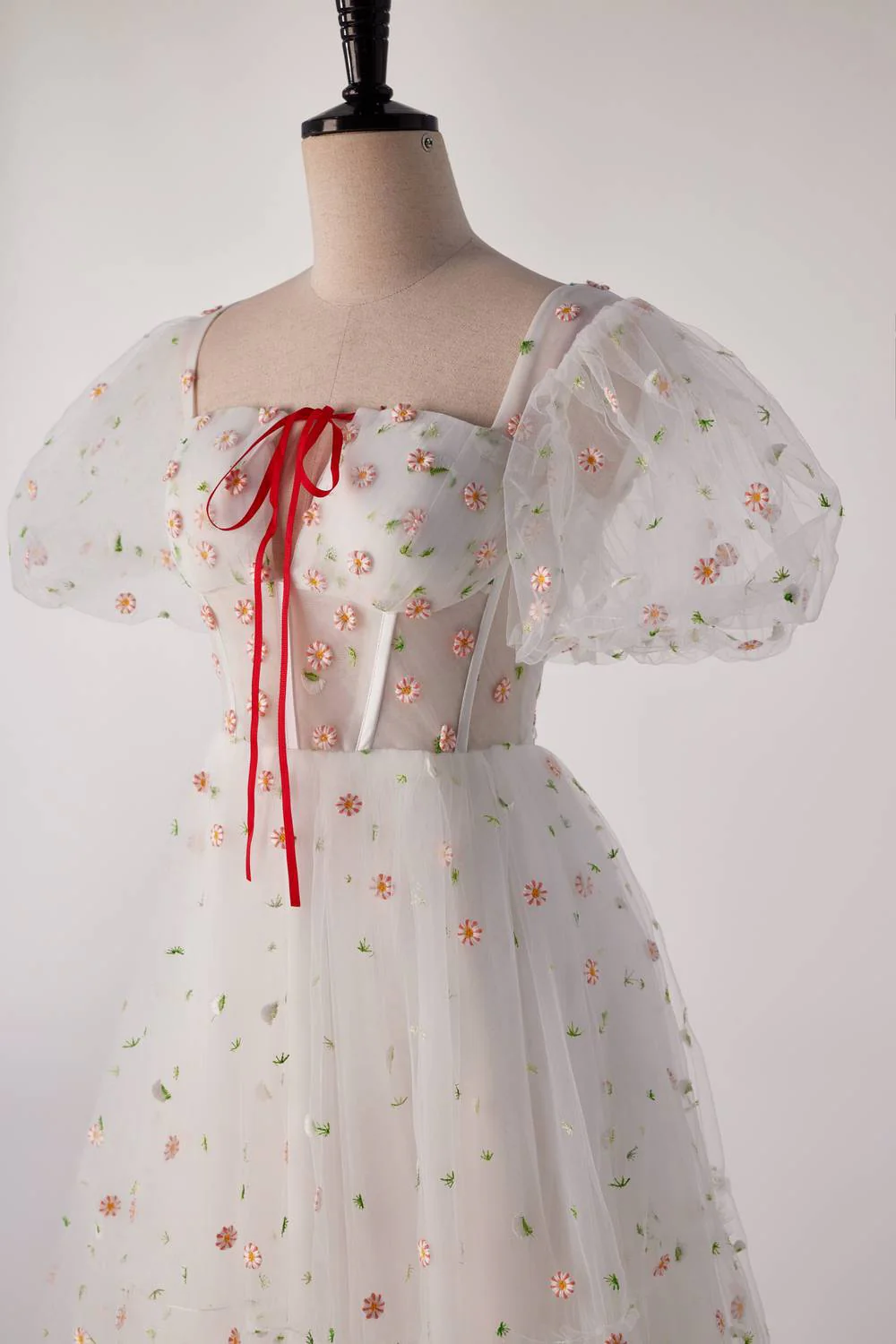 Short Sleeves White Floral Long Formal Gown - Image 5