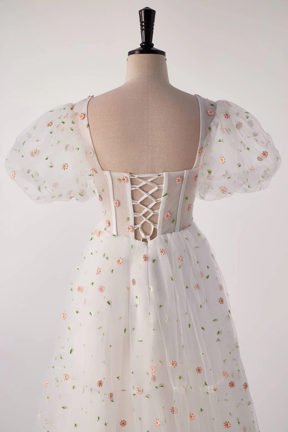 Short Sleeves White Floral Long Formal Gown - Image 6