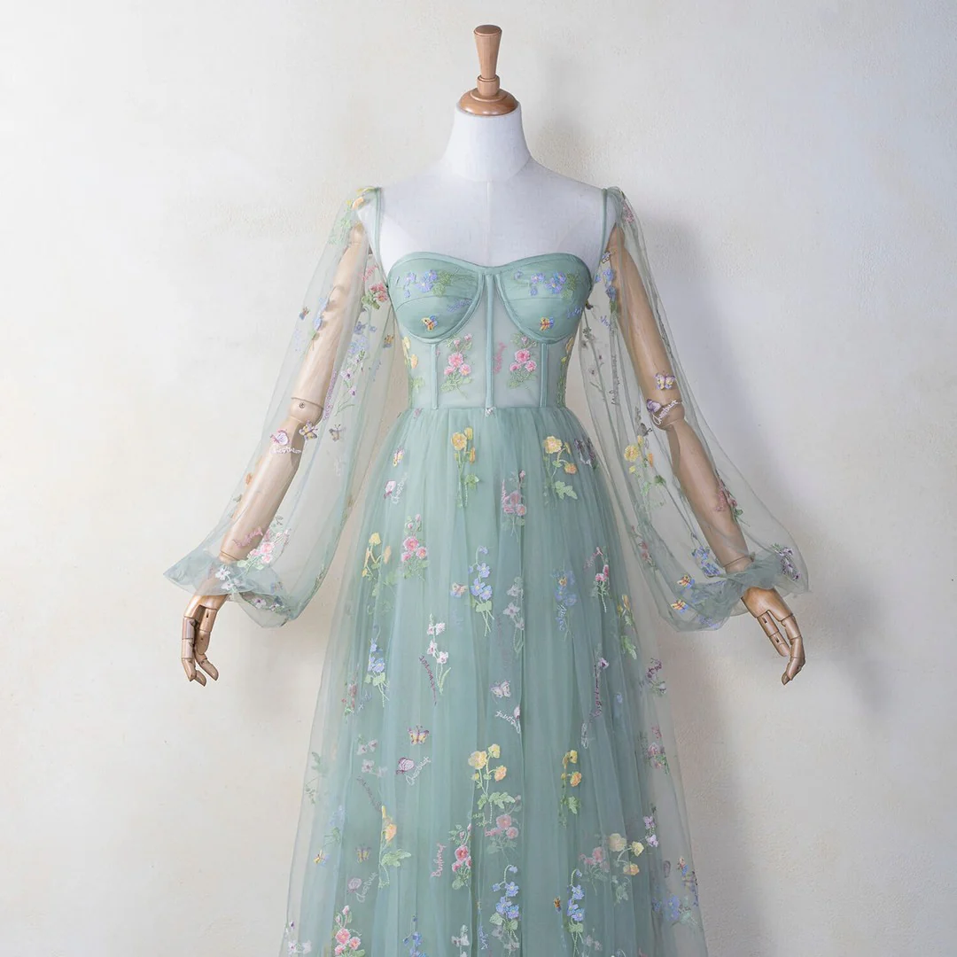 Soft Green Floral Embroidery Formal Dress - Image 4