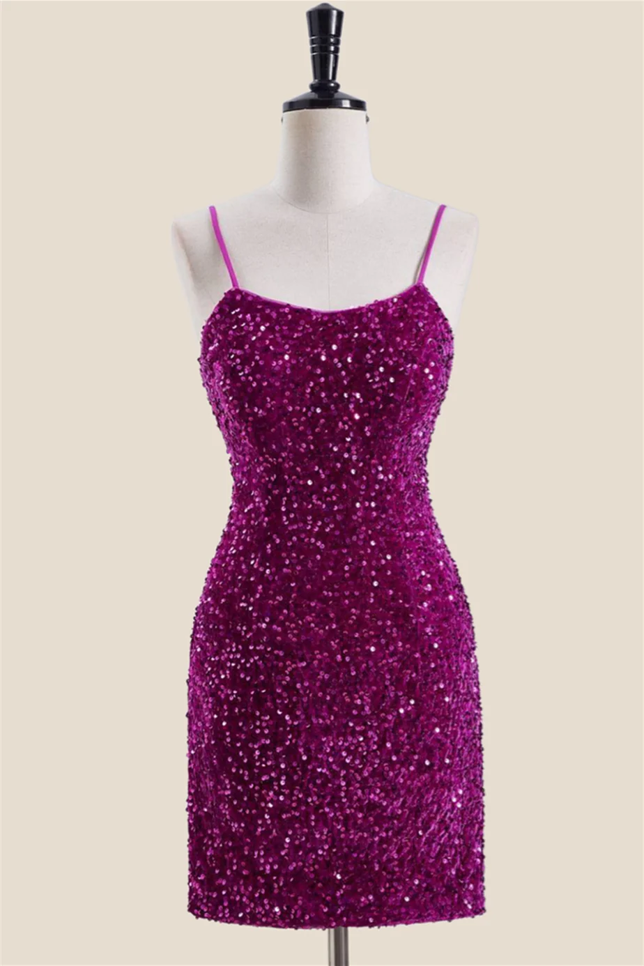 Spaghetti Straps Pink Sequin Bodycon Mini Dress - Image 4