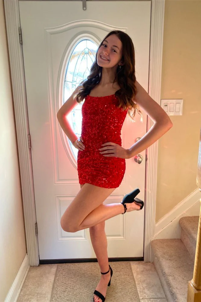 Spaghetti Straps Pink Sequin Bodycon Mini Dress - Image 5