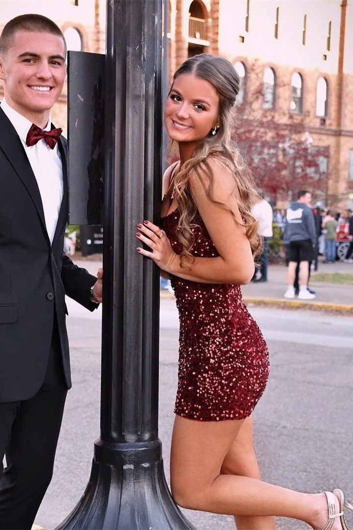 Spaghetti Straps Pink Sequin Bodycon Mini Dress - Image 6