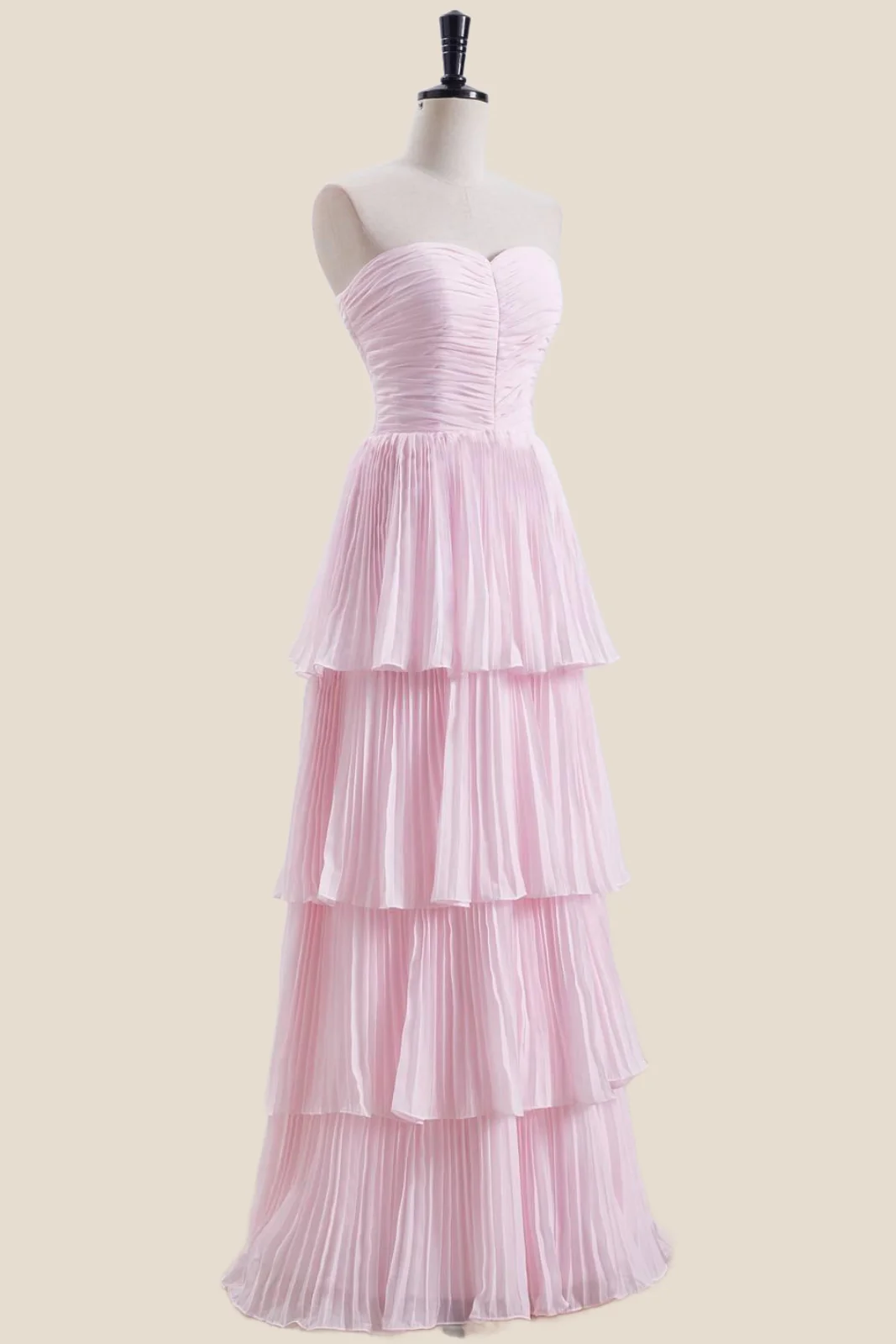 Strapless Pink Pleated Tiered Long Party Dress - Image 10