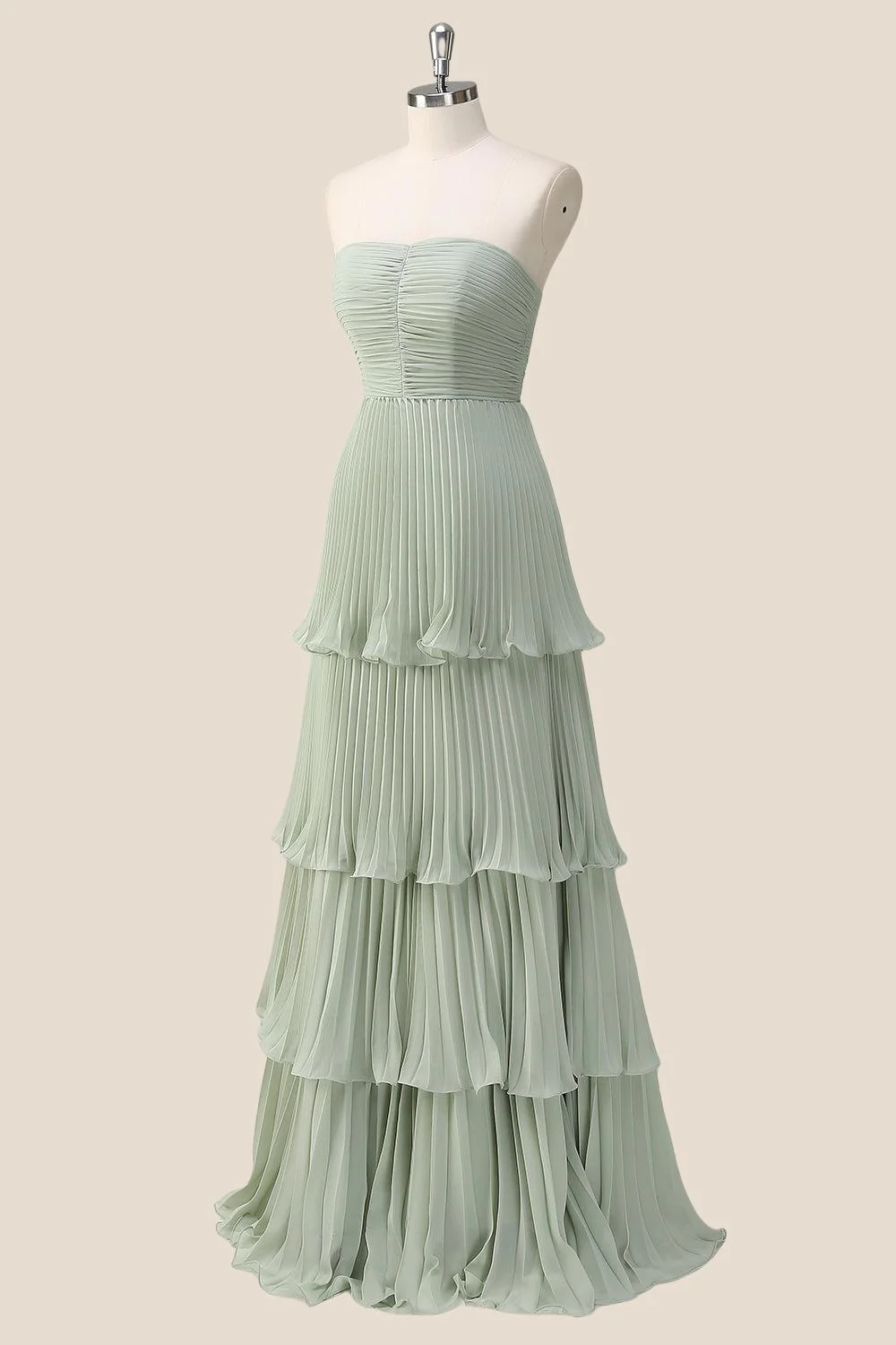 Strapless Pink Pleated Tiered Long Party Dress - Image 7