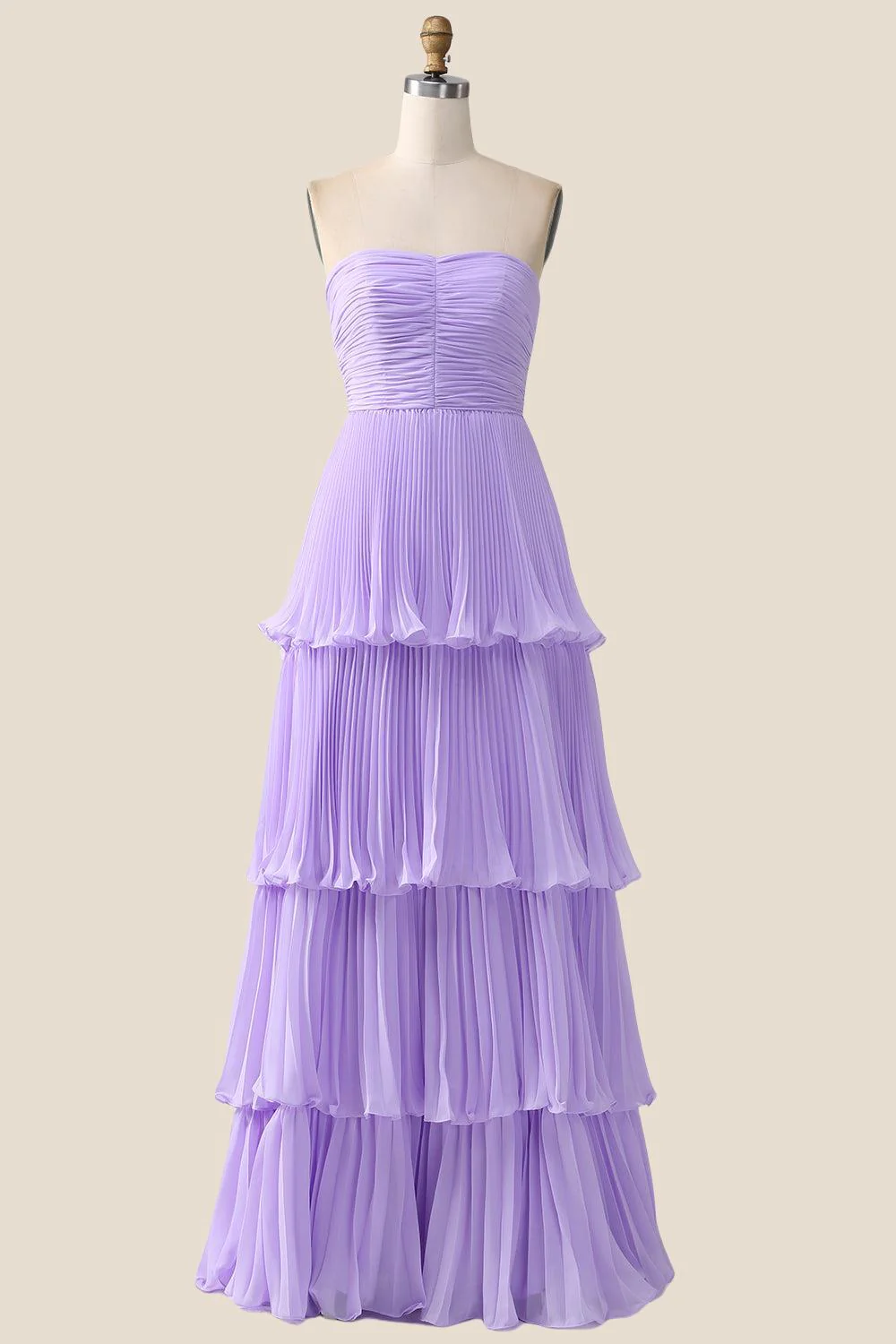 Strapless Pink Pleated Tiered Long Party Dress - Image 8