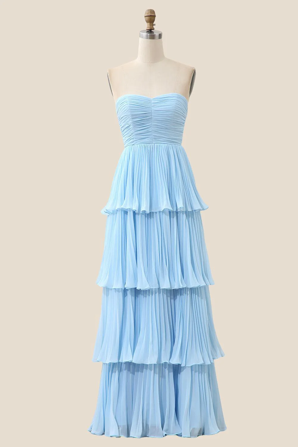 Strapless Pink Pleated Tiered Long Party Dress - Image 4