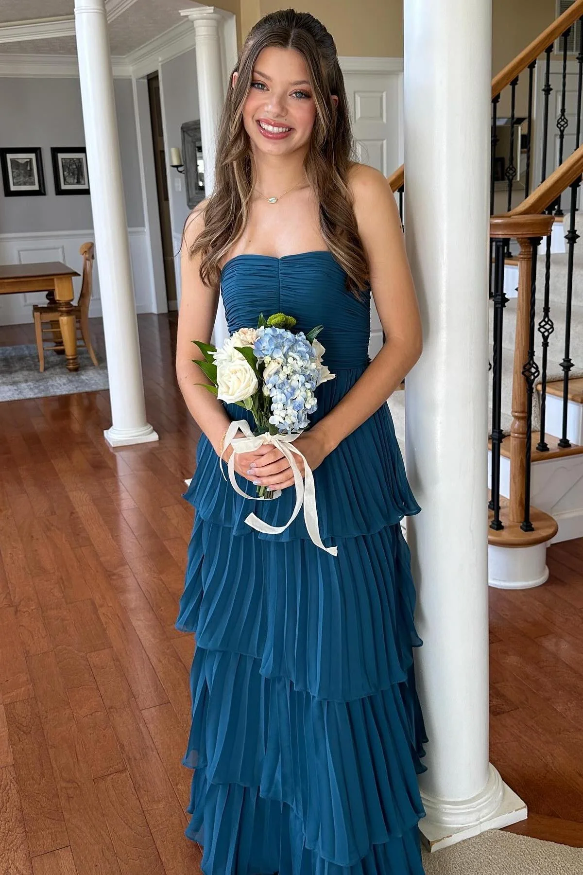 Strapless Pink Pleated Tiered Long Party Dress - Image 5