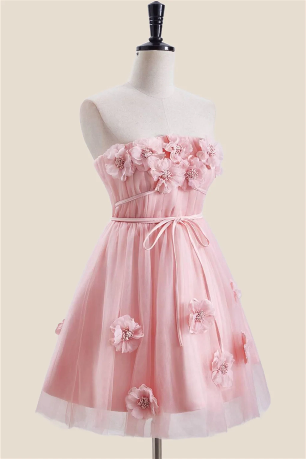 Strapless Pink 3D Flowers Tulle Short Dress - Image 3