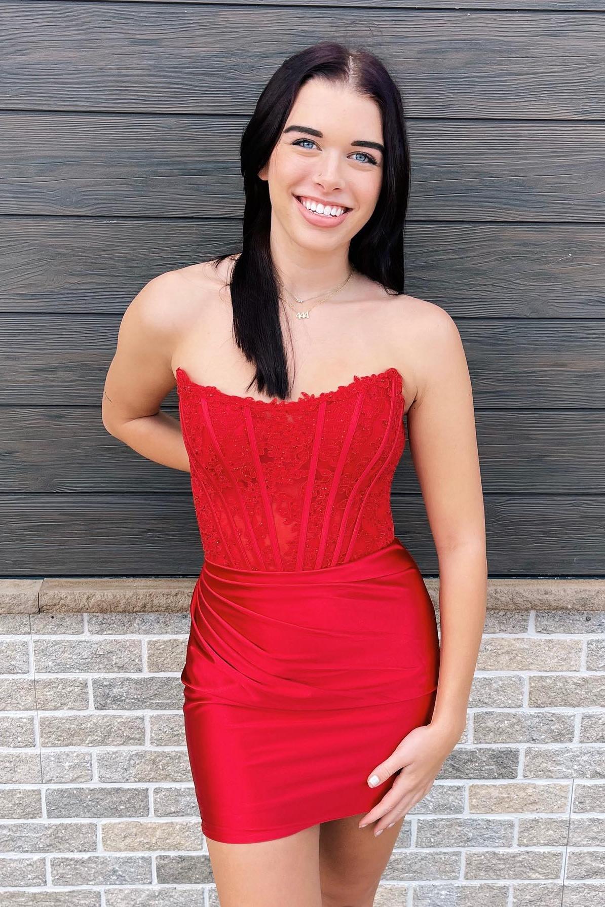 Strapless Red Lace and Satin Ruched Tight Dress - Image 3