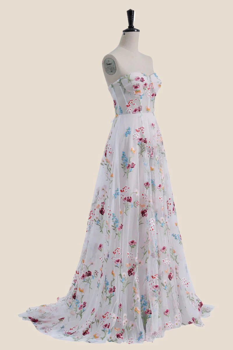 Strapless White Floral Embroidery Tulle Long Dress - Image 3