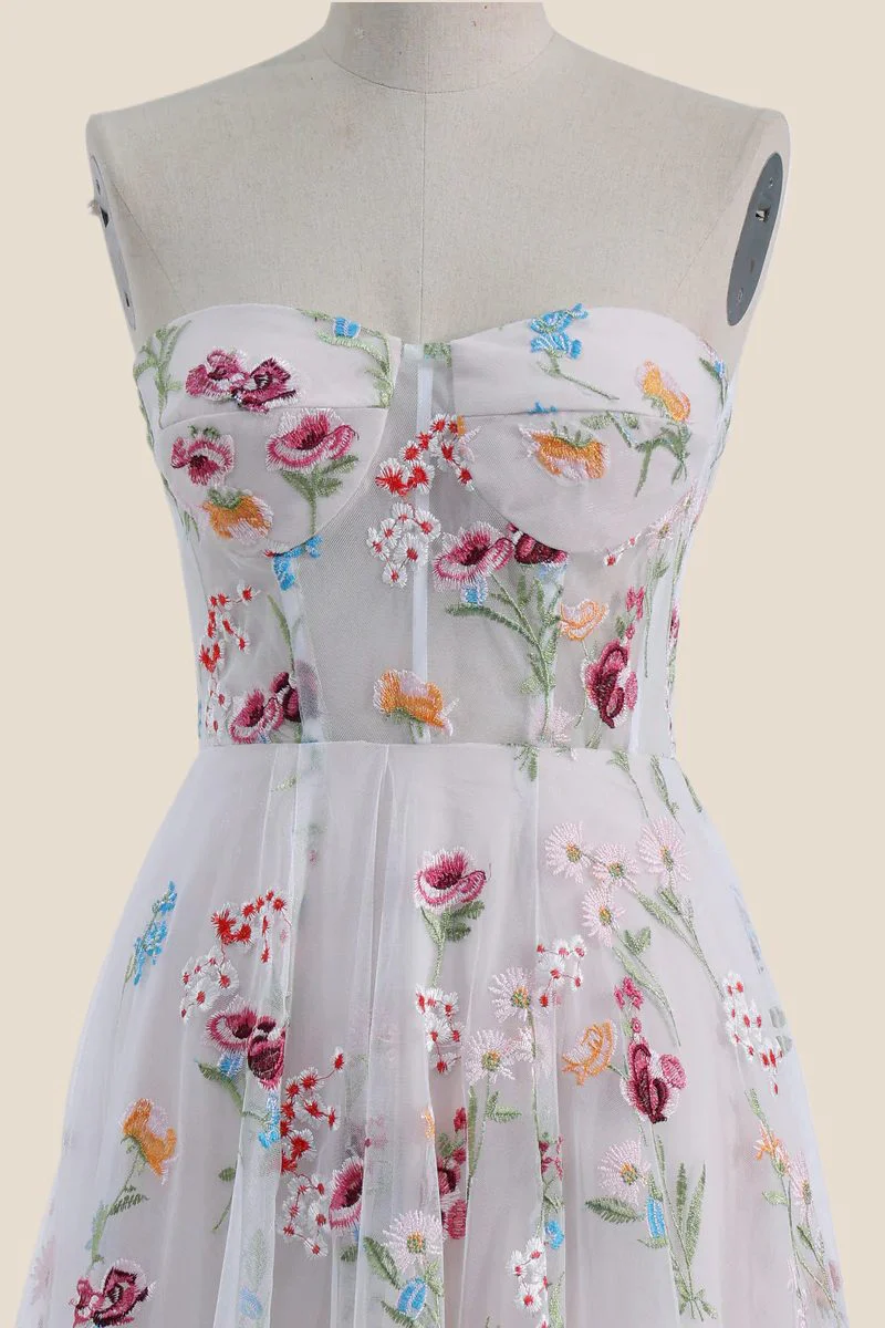 Strapless White Floral Embroidery Tulle Long Dress - Image 4