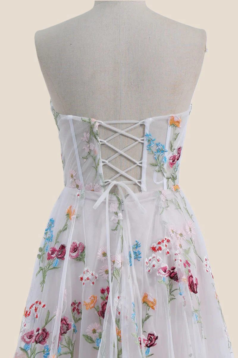 Strapless White Floral Embroidery Tulle Long Dress - Image 5