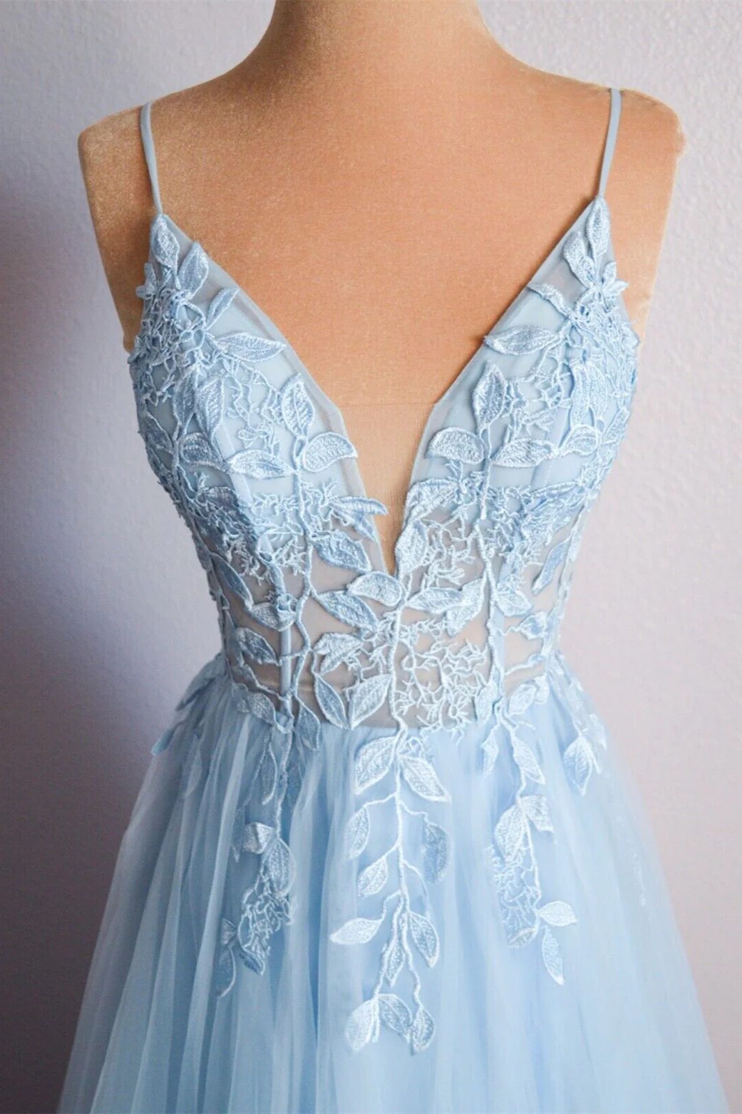 Straps Blue Lace Appliques A-line Long Formal Dress - Image 4
