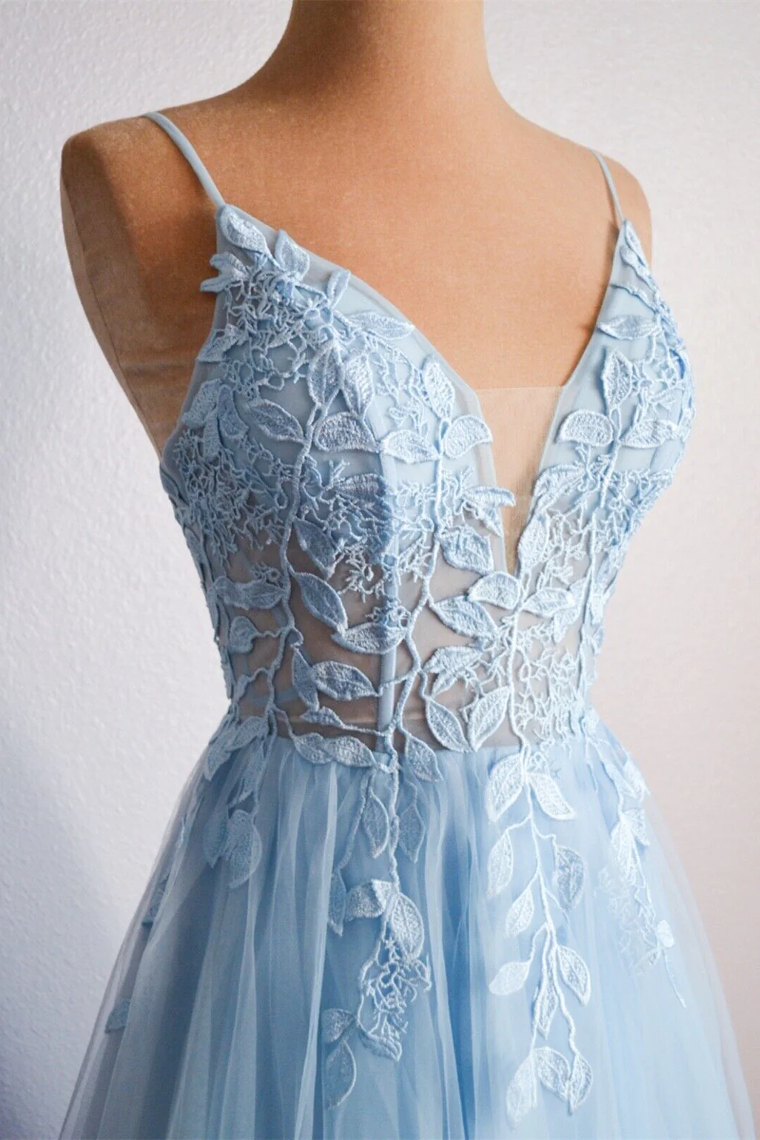 Straps Blue Lace Appliques A-line Long Formal Dress - Image 5