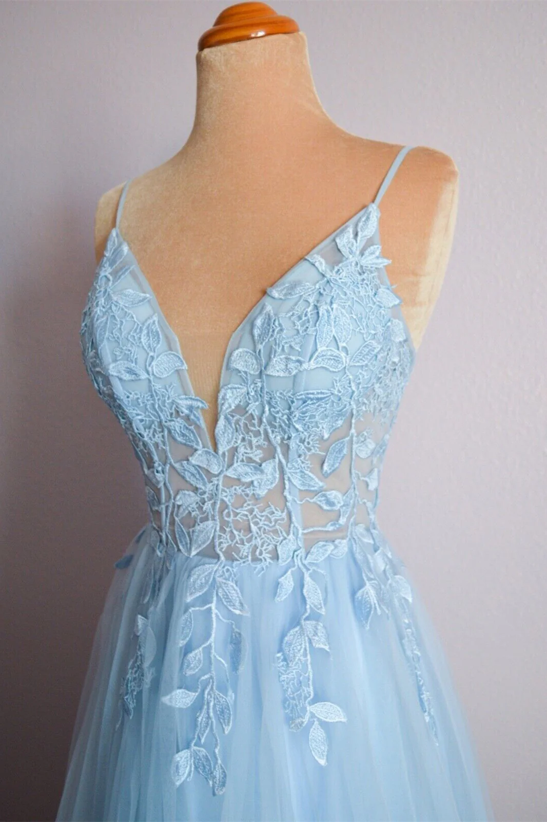 Straps Blue Lace Appliques A-line Long Formal Dress - Image 6