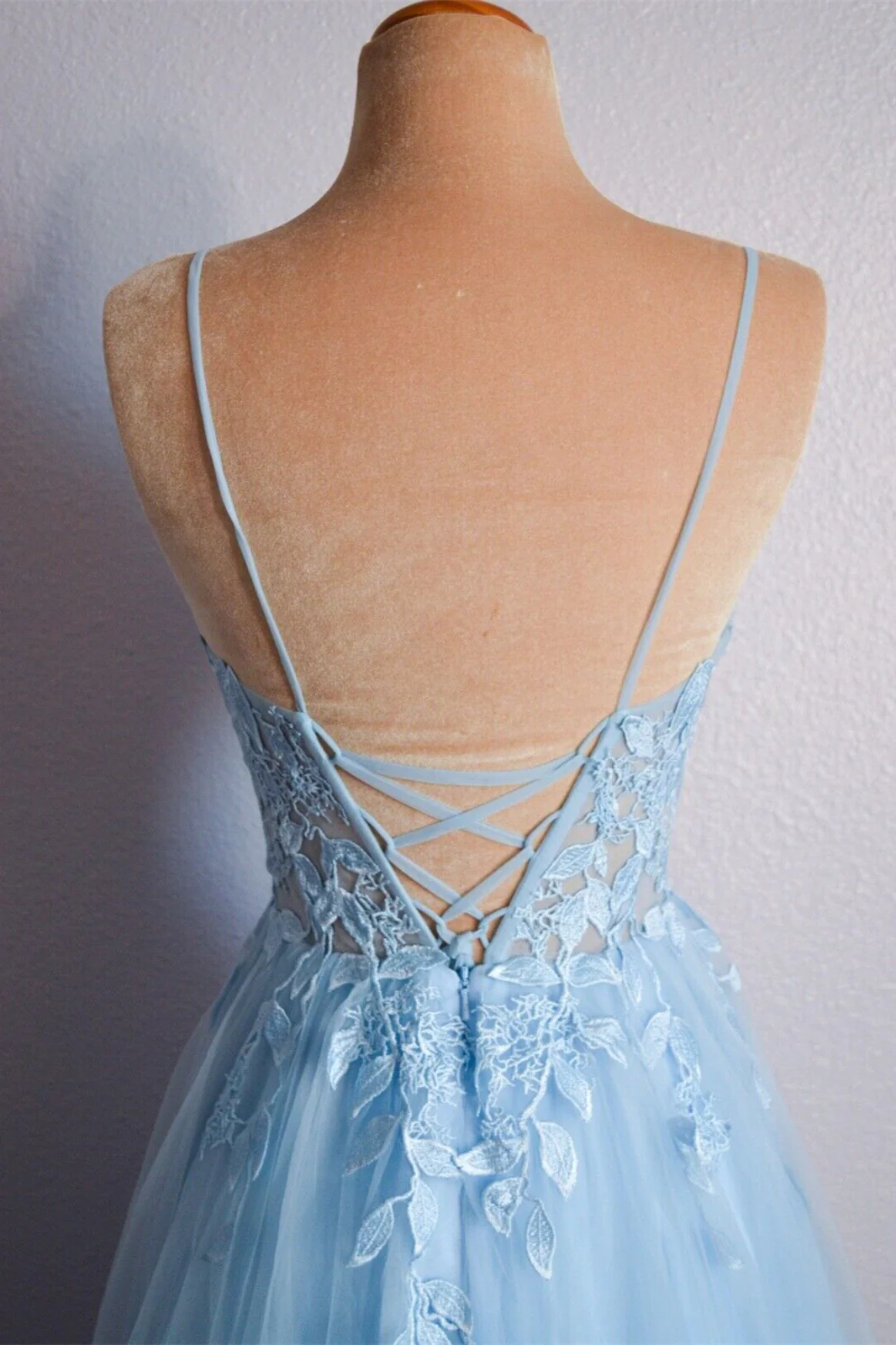 Straps Blue Lace Appliques A-line Long Formal Dress - Image 7
