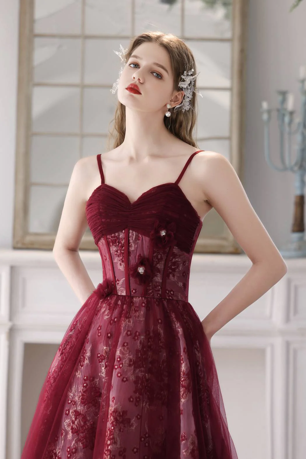 Straps Burgundy Floral A-line Long Formal Dress - Image 3