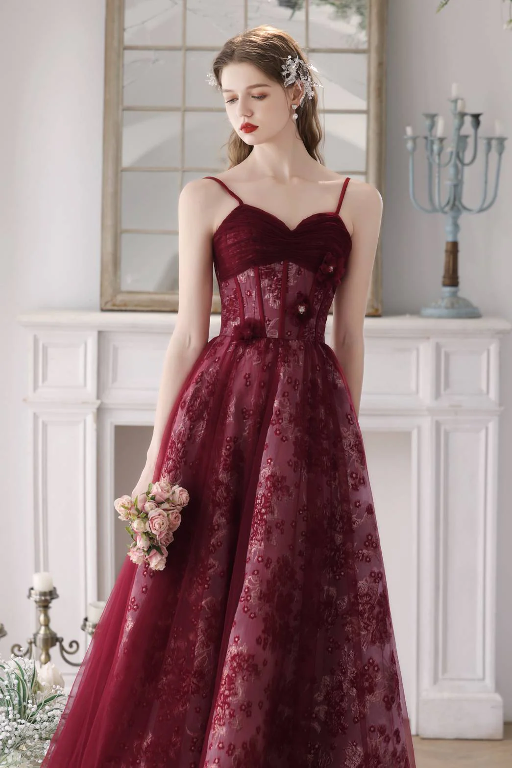 Straps Burgundy Floral A-line Long Formal Dress - Image 4